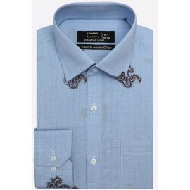 Blue Embroidered Check Formal Shirt