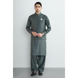 Green Shalwar Kameez with Waistcoat