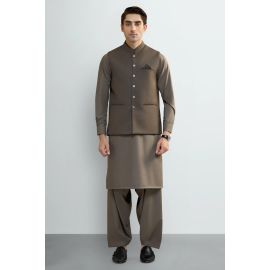 Dark Beige Shalwar Kameez with Waistcoat