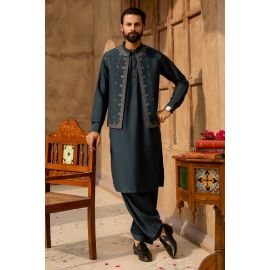 Teal Green Shalwar Kameez with Waistcoat