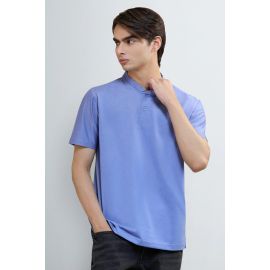 Men's Blue Solid Stand-Up Collar Polo T-Shirt