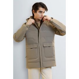 Khaki Hooded Puffer Jacket for Men