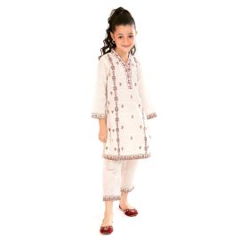 Off White Embroidered Girls 2PC