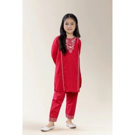 Embroidered Cambric Red Girls 2PC