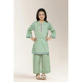 Printed Cambric Green Girls 2PC