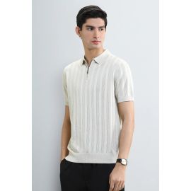 Cream Knitted Polo with Quarter-Zip Collar