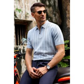 Sky Blue Knitted Polo with Quarter-Zip Collar