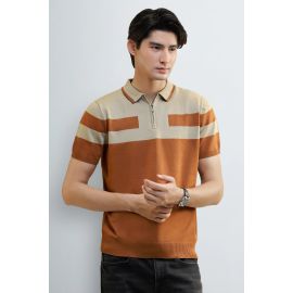 Rust Striped Zipper Polo Shirt