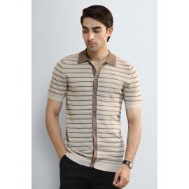 L-Brown Jacquard Collar Polo
