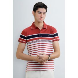 Men's Red & White Striped Yarn-Dyed Polo