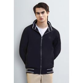 Men's Navy Blue Bomber Jacket with Mock Collar