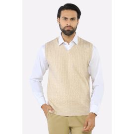 Men V-neck Beige Sleeveless Sweater