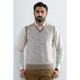 Men V-neck Beige Sleeveless Sweater