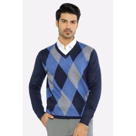 Men V-Neck Dark Blue Sleeves Sweater