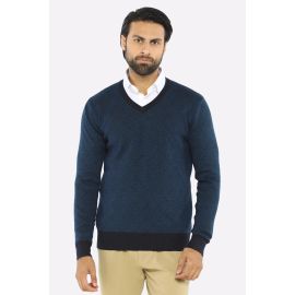Men V-neck Navy Sleeves Sweater