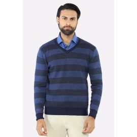 Men V-neck Dark Blue Sleeves Sweater