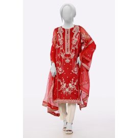 Red Embroidered Kurti With Dupatta