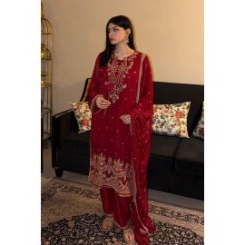 Embroidered Chiffon Maroon 3PC