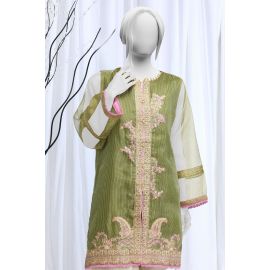 Embroidered Check Zari Green Kurti