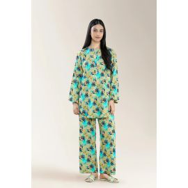 Basic Printed Viscose Linen-Olive Green 2PC