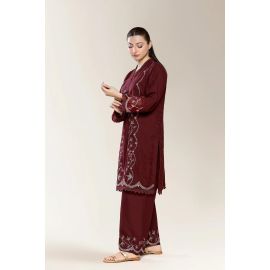 Embroidered Self Jacquard-Maroon 2PC