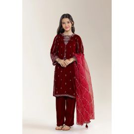 Embroidered Velvet Maroon Teens 3PC