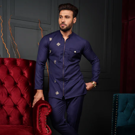 Men's ER 616 Navy Blue Co-Ord Set with short-sleeved shirt and trousers in breathable summer fabric. 